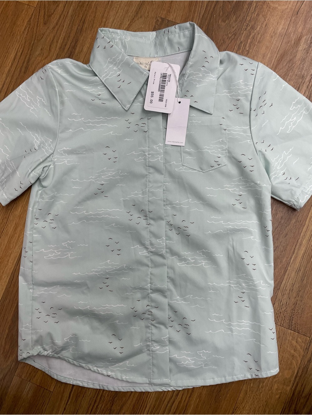 Kids Short-Sleeve Button-Down Shirt in Mint with Wave Print